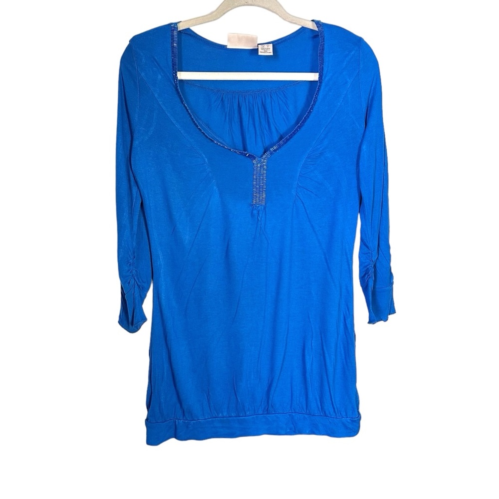 DKNY Jeans Women’s Sz S Blue 3/4 Sleeve Scoop Neck Beaded Top Blouse Tunic Y2K